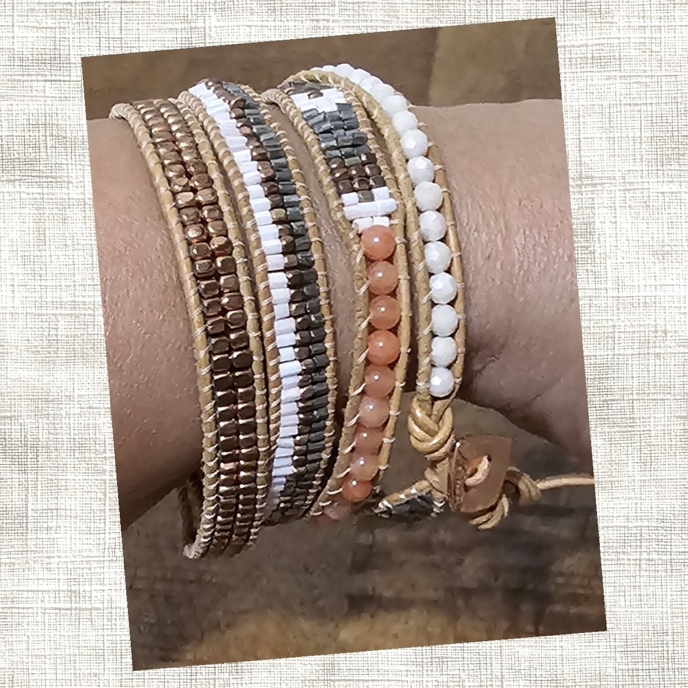 Nakamol Multi-Row Beaded Wrap Bracelet in White, Tan, Gold and Coral